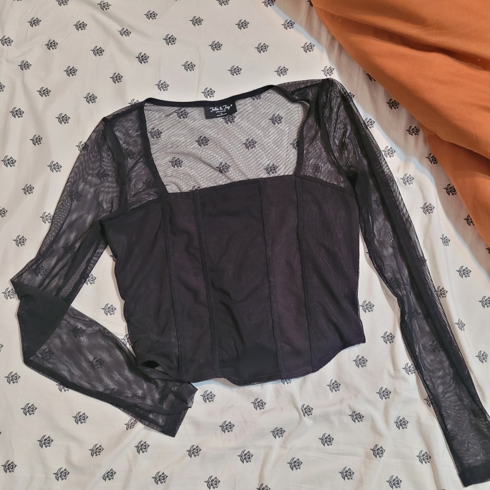 JOLIE & JOY black sheer mesh sleeved corset style top size XL